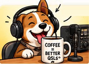 A happy dog wearing headphones next to a ham radio, holding a mug that says Coffee equals better QSLs
